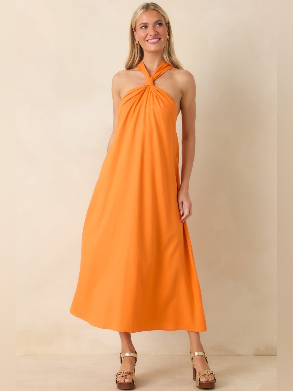 CITRUS KISSES ORANGE LINEN BLEND HALTER MIDI DRESS NWT